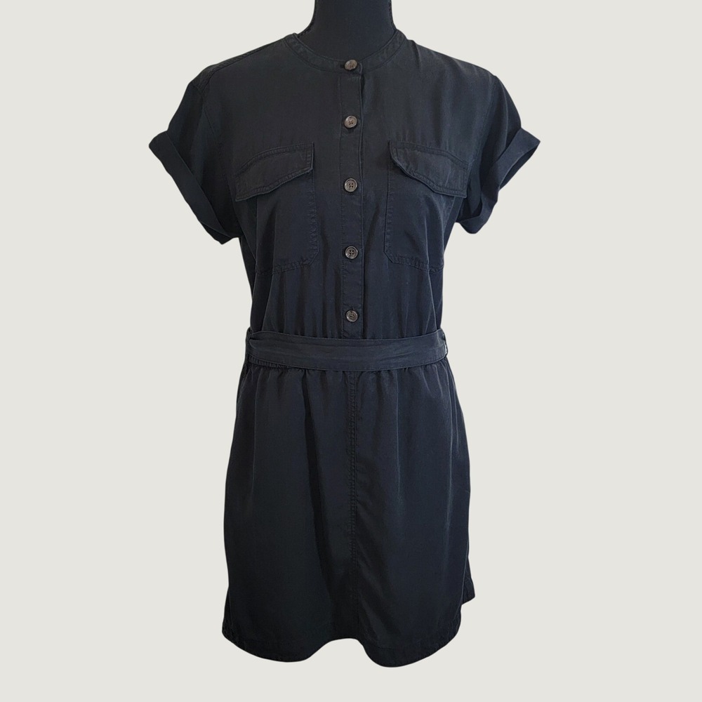 Banana Republic Black Tencel Lyocell Utility Shirt Dress Small Short Sleeve Tie